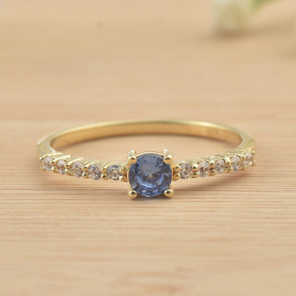 925 Sterling Silver Yellow Plated 4x4mm Round Tanzanite with CZ Accents Ring