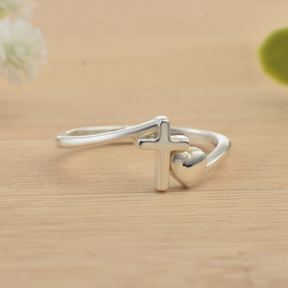 925 Sterling Silver Cross and Heart Faith Love Design Ring