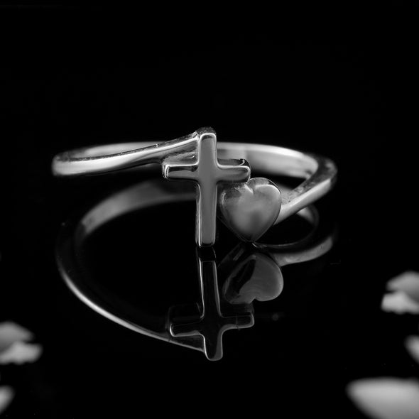 925 Sterling Silver Cross and Heart Faith Love Design Ring