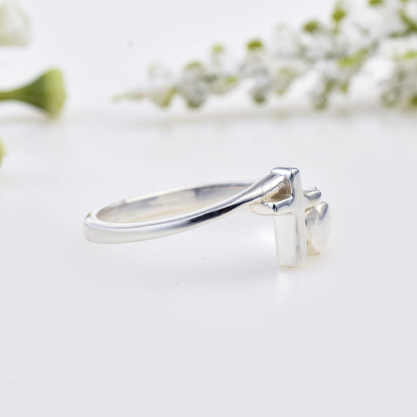 925 Sterling Silver Cross and Heart Faith Love Design Ring