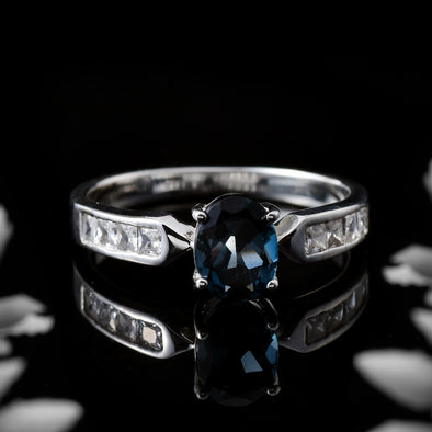 6x4mm Oval London Blue Topaz with CZ Accents Ring 925 Sterling Silver