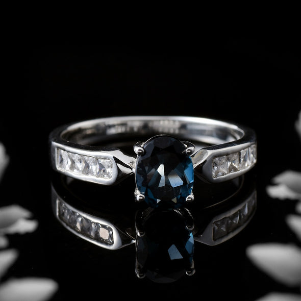 6x4mm Oval London Blue Topaz with CZ Accents Ring 925 Sterling Silver