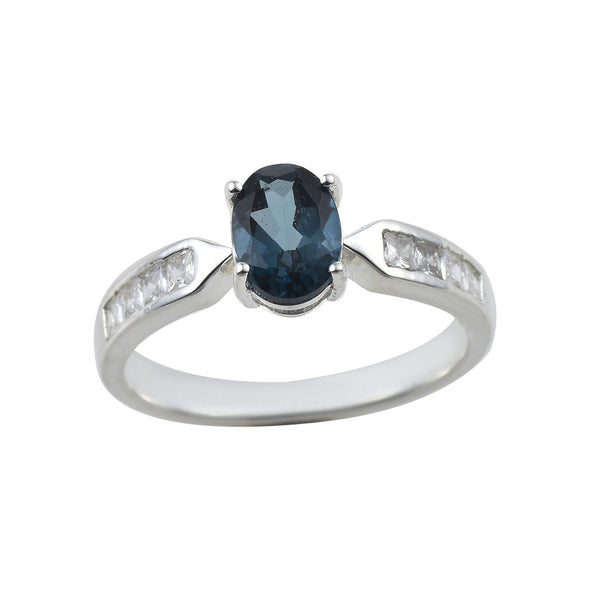 6x4mm Oval London Blue Topaz with CZ Accents Ring 925 Sterling Silver