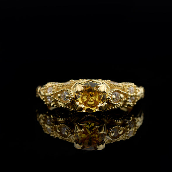 6x6mm Round Citrine with CZ Accents Ring 925 Sterling Silver Gold Plated