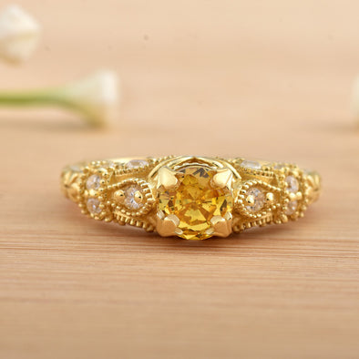 6x6mm Round Citrine with CZ Accents Ring 925 Sterling Silver Gold Plated