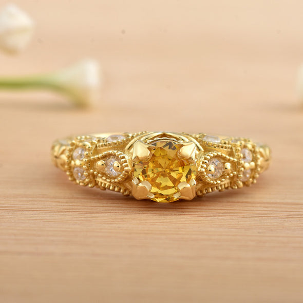 6x6mm Round Citrine with CZ Accents Ring 925 Sterling Silver Gold Plated
