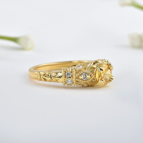 6x6mm Round Citrine with CZ Accents Ring 925 Sterling Silver Gold Plated