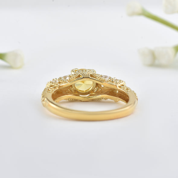 6x6mm Round Citrine with CZ Accents Ring 925 Sterling Silver Gold Plated