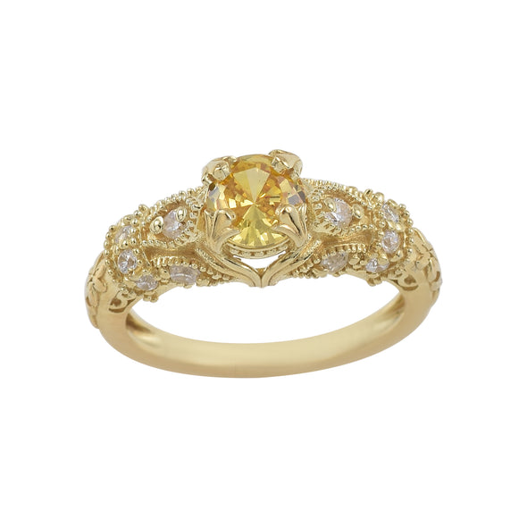 6x6mm Round Citrine with CZ Accents Ring 925 Sterling Silver Gold Plated