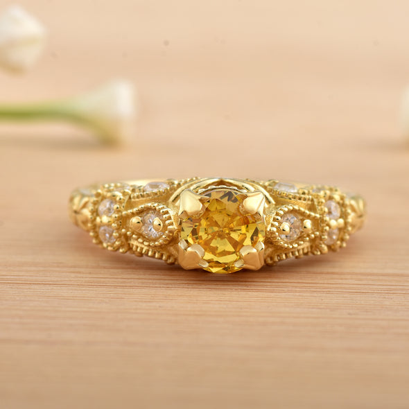 6x6mm Round Citrine with CZ Accents Ring 925 Sterling Silver Gold Plated