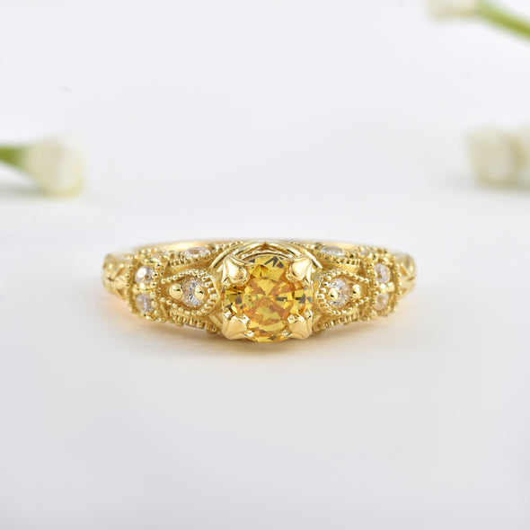 6x6mm Round Citrine with CZ Accents Ring 925 Sterling Silver Gold Plated