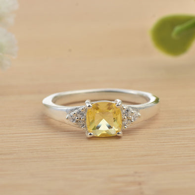 6x6mm Cushion Citrine with CZ Accents Ring 925 Sterling Silver