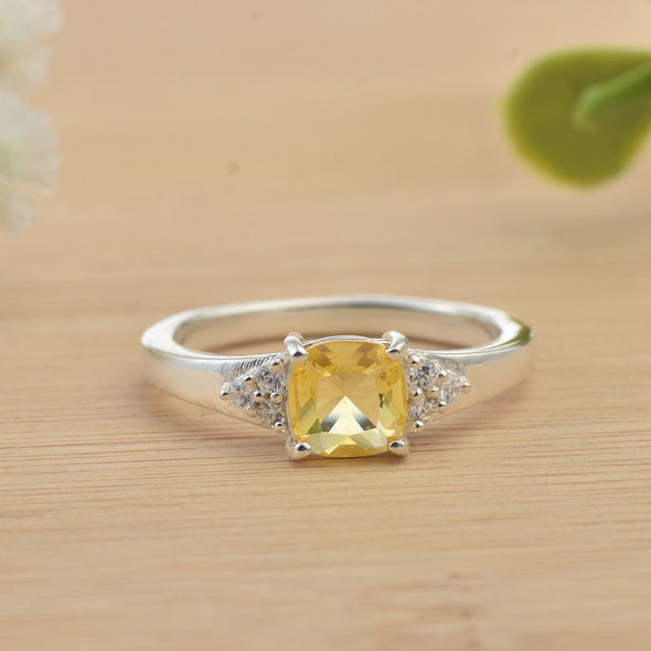 6x6mm Cushion Citrine with CZ Accents Ring 925 Sterling Silver