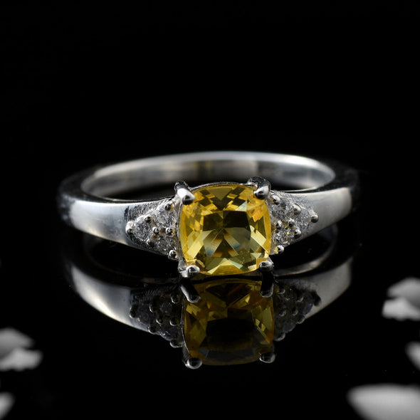 6x6mm Cushion Citrine with CZ Accents Ring 925 Sterling Silver