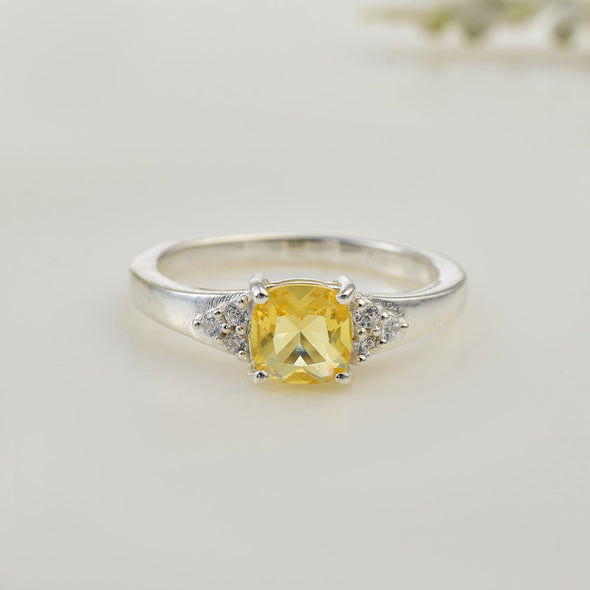 6x6mm Cushion Citrine with CZ Accents Ring 925 Sterling Silver