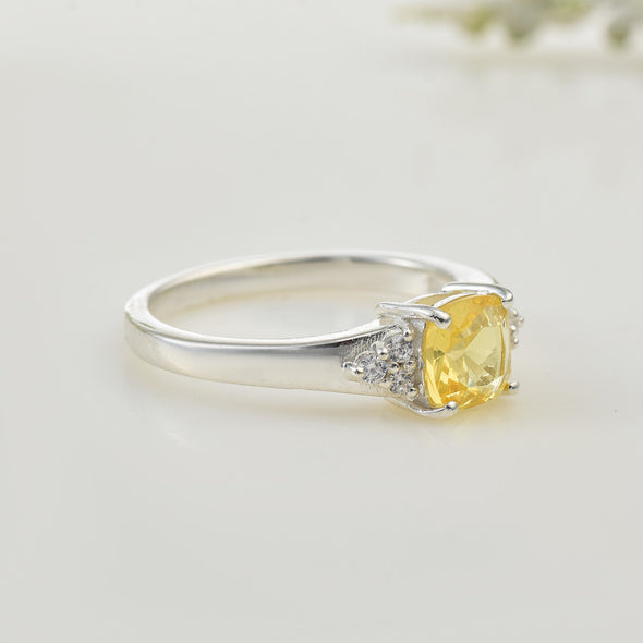 6x6mm Cushion Citrine with CZ Accents Ring 925 Sterling Silver
