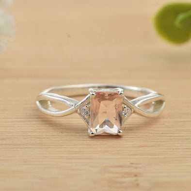 7x5mm Octagon Morganite with CZ Accents Ring 925 Sterling Silver