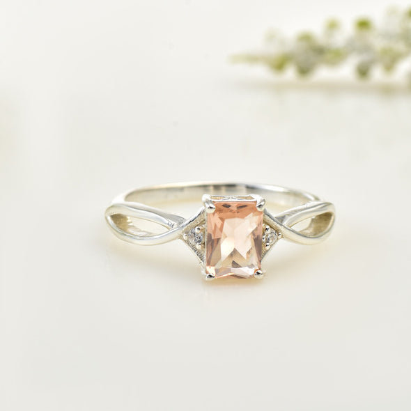 7x5mm Octagon Morganite with CZ Accents Ring 925 Sterling Silver