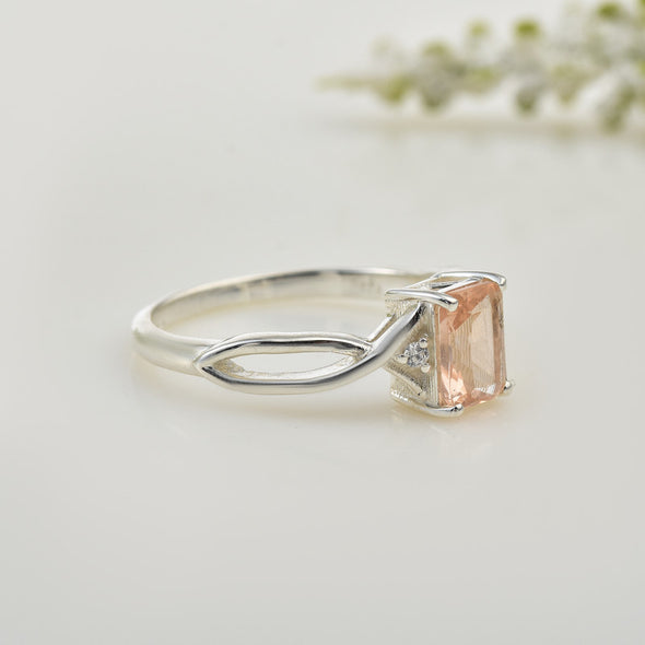 7x5mm Octagon Morganite with CZ Accents Ring 925 Sterling Silver