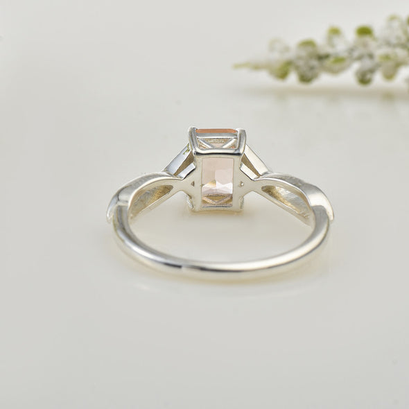 7x5mm Octagon Morganite with CZ Accents Ring 925 Sterling Silver