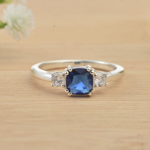 6x6mm Cushion Blue Sapphire Three-Stone Ring 925 Sterling Silver