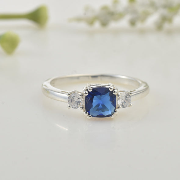 6x6mm Cushion Blue Sapphire Three-Stone Ring 925 Sterling Silver