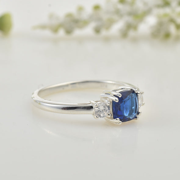 6x6mm Cushion Blue Sapphire Three-Stone Ring 925 Sterling Silver