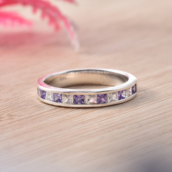 2x2mm Tanzanite and White Topaz Eternity Band Ring 925 Sterling Silver