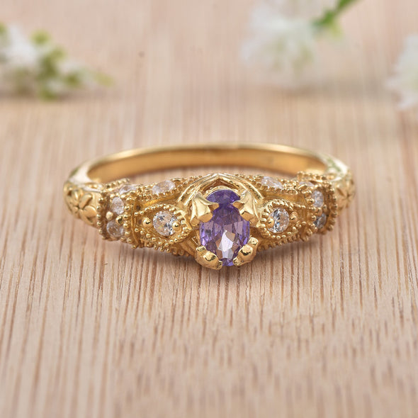 6x4mm Oval Amethyst Solitaire Ring 925 Sterling Silver Gold-Plated