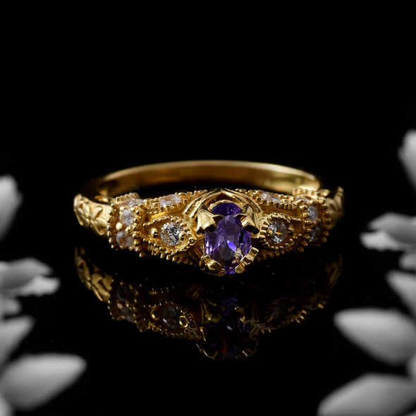 6x4mm Oval Amethyst Solitaire Ring 925 Sterling Silver Gold-Plated