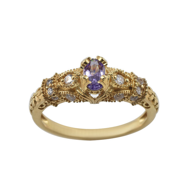 6x4mm Oval Amethyst Solitaire Ring 925 Sterling Silver Gold-Plated