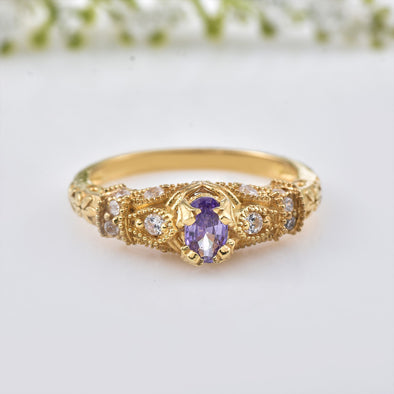 6x4mm Oval Amethyst Solitaire Ring 925 Sterling Silver Gold-Plated