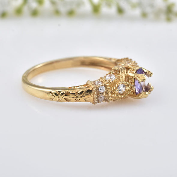 6x4mm Oval Amethyst Solitaire Ring 925 Sterling Silver Gold-Plated