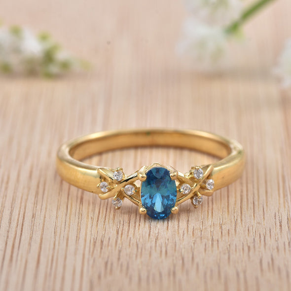 6x4mm Oval London Blue Topaz Ring 925 Sterling Silver Yellow Gold