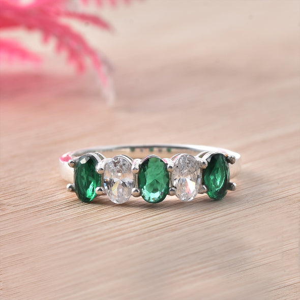 6x4mm Oval Emerald Ring 925 Sterling Silver with White Accents