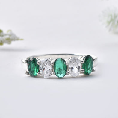 6x4mm Oval Emerald Ring 925 Sterling Silver with White Accents