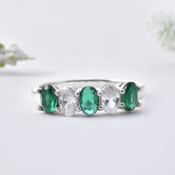 6x4mm Oval Emerald Ring 925 Sterling Silver with White Accents