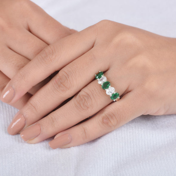 6x4mm Oval Emerald Ring 925 Sterling Silver with White Accents