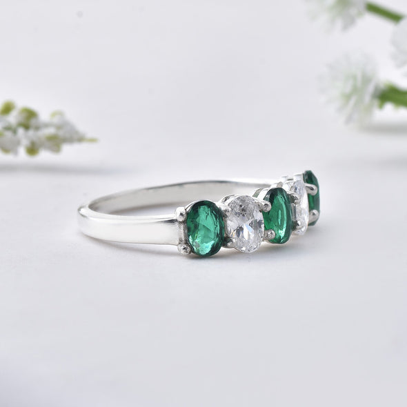 6x4mm Oval Emerald Ring 925 Sterling Silver with White Accents