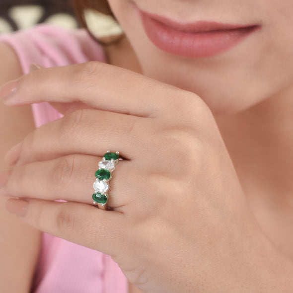 6x4mm Oval Emerald Ring 925 Sterling Silver with White Accents
