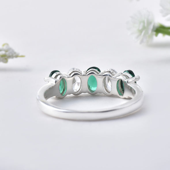 6x4mm Oval Emerald Ring 925 Sterling Silver with White Accents