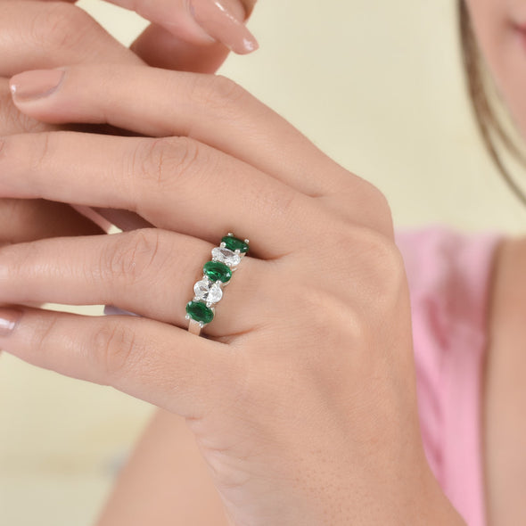 6x4mm Oval Emerald Ring 925 Sterling Silver with White Accents