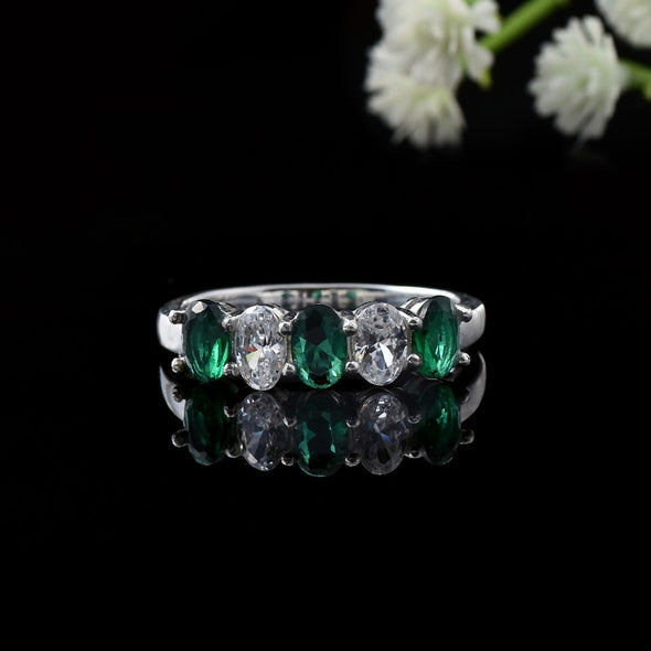 6x4mm Oval Emerald Ring 925 Sterling Silver with White Accents