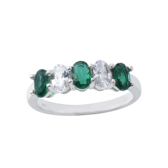 6x4mm Oval Emerald Ring 925 Sterling Silver with White Accents