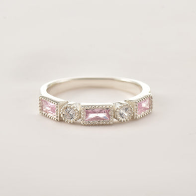 4x2 mm Baguette Cut Pink Topaz and White Topaz 925 Sterling Silver Ring