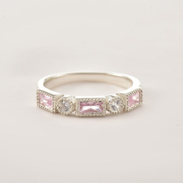 4x2 mm Baguette Cut Pink Topaz and White Topaz 925 Sterling Silver Ring