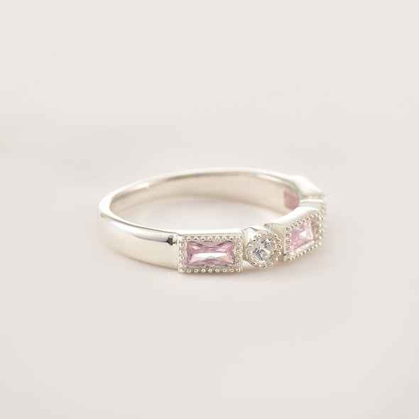 4x2 mm Baguette Cut Pink Topaz and White Topaz 925 Sterling Silver Ring