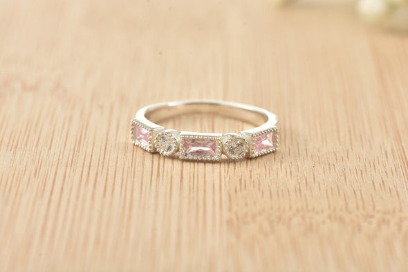 4x2 mm Baguette Cut Pink Topaz and White Topaz 925 Sterling Silver Ring