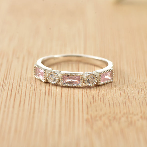 4x2 mm Baguette Cut Pink Topaz and White Topaz 925 Sterling Silver Ring