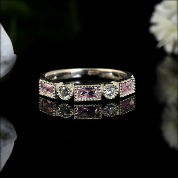 4x2 mm Baguette Cut Pink Topaz and White Topaz 925 Sterling Silver Ring